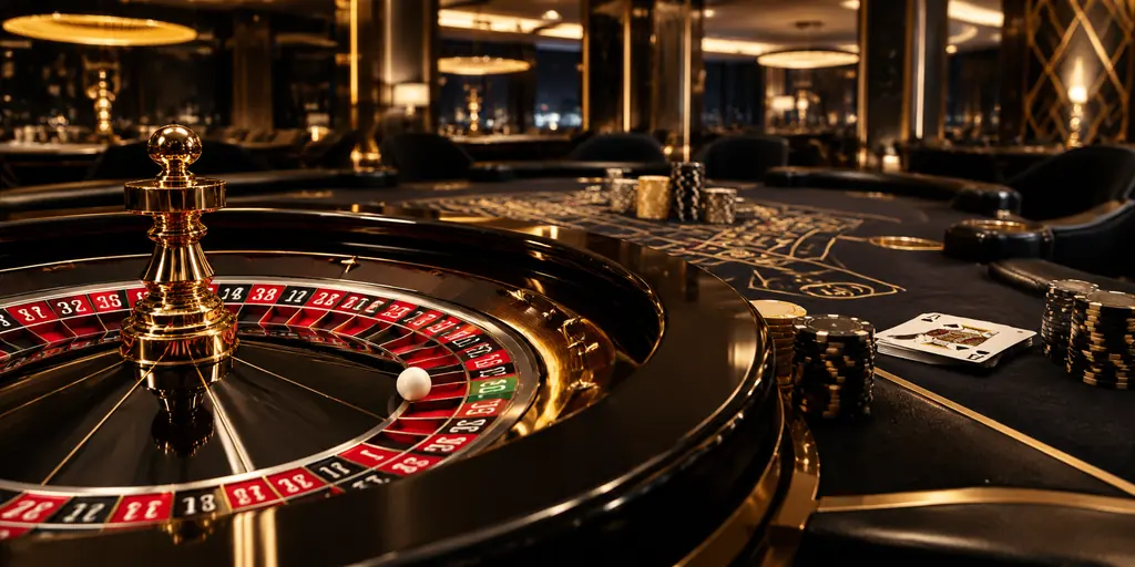 Meja roulette dan kartu di ruang kasino bernuansa gelap